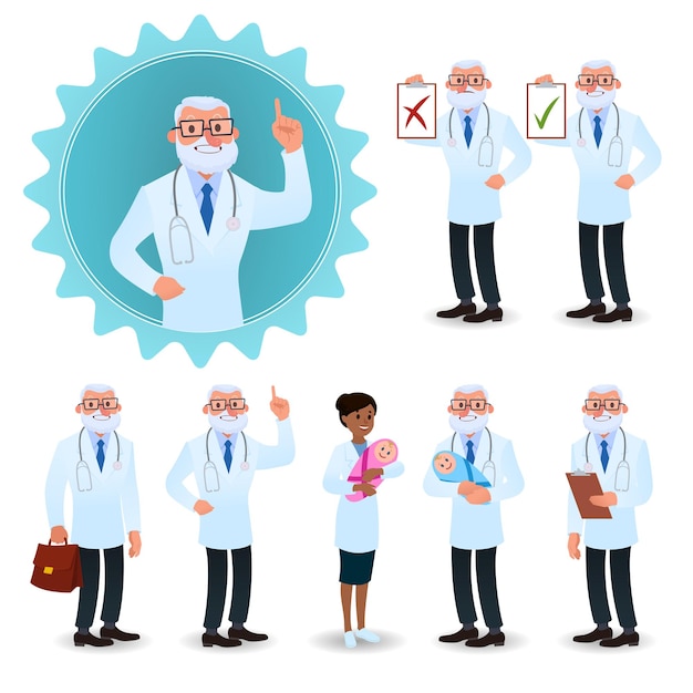 I personaggi del medico impostano l'illustrazione vettoriale del team di medicina professionale in stile piatto