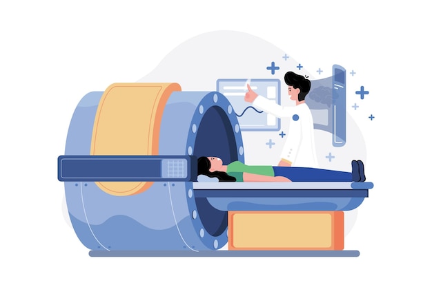 벡터 mri 기계를 사용하여 환자의 건강을 확인하는 의사