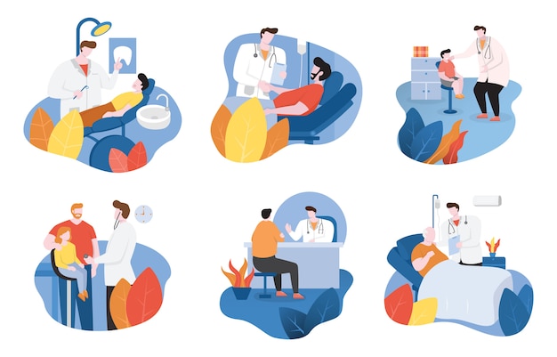 Doctor Checks Patient Health and Gives Encouragement Flat Design Illustration