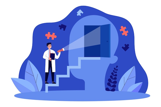Доктор поднимается по лестнице, чтобы открыть дверь в абстрактной человеческой голове. крошечный человек ищет направление терапии плоской векторной иллюстрации. концепция психологии для баннера, веб-дизайна или целевой веб-страницы