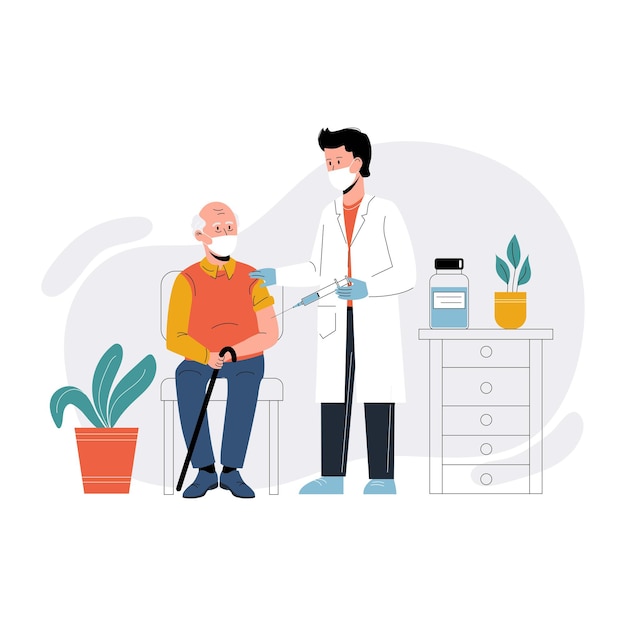 A doctor in a clinic giving a coronavirus vaccine to an elderly man concept illustration