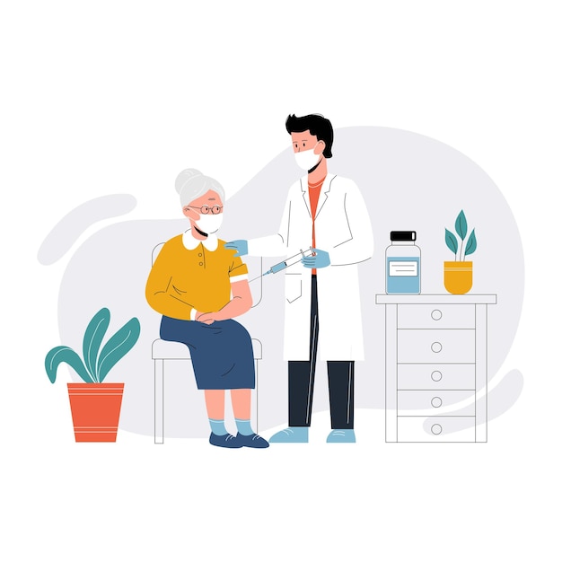 A doctor in a clinic giving a coronavirus vaccine to an elderly woman concept illustration