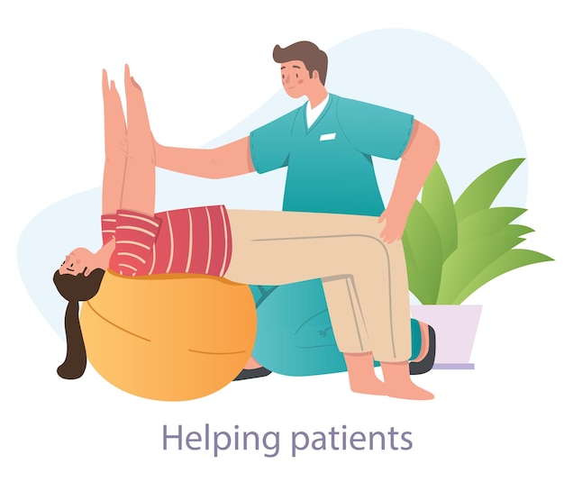 Doctor conducts lesson on fitball girl lies on ball arms outstretched and man straightens her