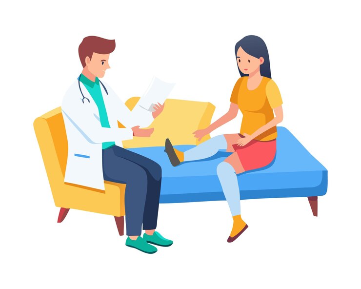 Vector doctor consulting patient with leg injury