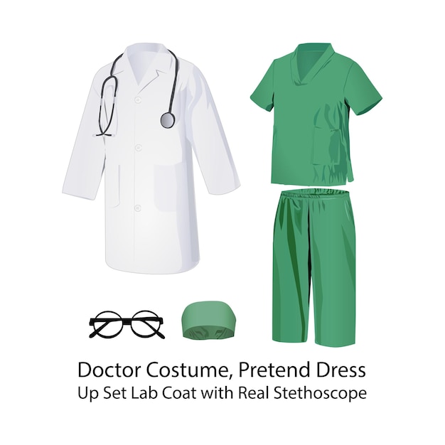 Doctor Costume Pretend Dress Up Set Lab Coat with Real Stethoscope Illustration hand drawing