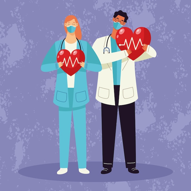 Doctor couple wearing medical mask and hearts cardio