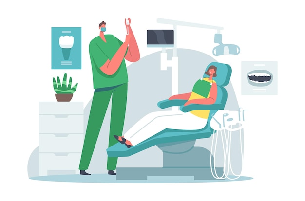 Vector doctor dentist character conducting health medical treatment prepare anesthesia for patient woman sitting in chair