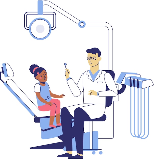 Vector doctor dentist man and black child girl patient in dental office