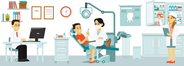 Vector doctor dentist woman patient and medical staff in dental office in flat style