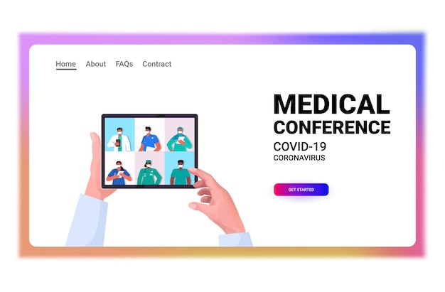 Vector doctor discussing with mix race colleagues during video call on tablet screen medical conference online communication concept horizontal portrait vector illustration