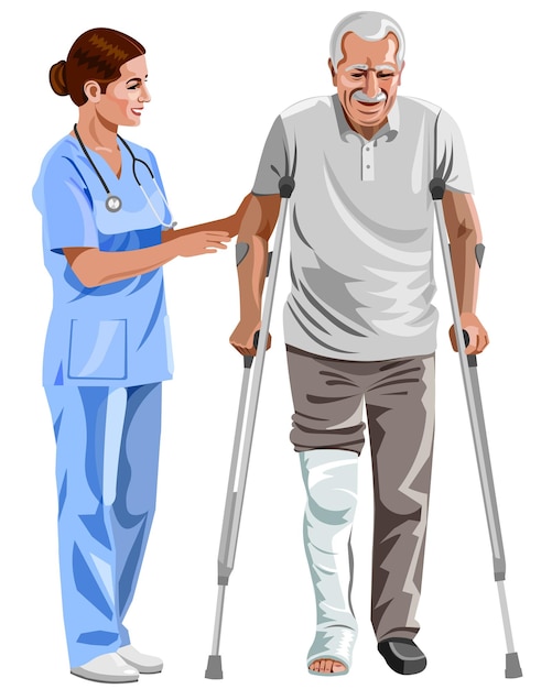 doctor and elderly man on crutches leg in plaster