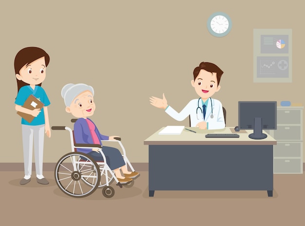 Doctor and elderly woman on wheel chair