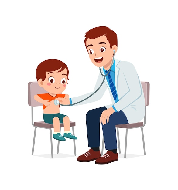 Vector doctor do examine to little kid to check the illness