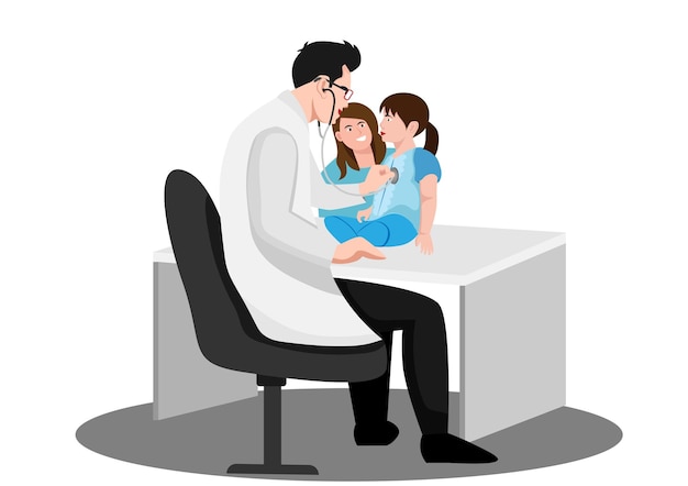 ベクトル 医師が病気の女の子を診察 子供と母親は小児科医のオフィスで ベクトルイラスト