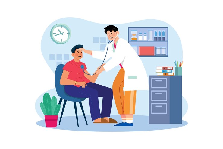 Vector a doctor examines a patient to diagnose an illness or injury