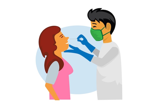 The doctor examines the patient's DNA by a cotton swab probe nose to look for cooronavirus Flat style cartoon illustration vector