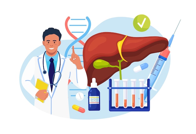 Vector doctor examining human liver for hepatitis, cancer, cirrhosis. physician near lab blood samples and pills.medical laboratory research, diagnosis and treatment of internal organ