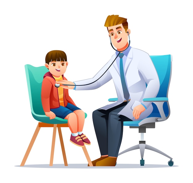 doctor examining a little boy by stethoscope healthcare medical examination concept vector cartoon