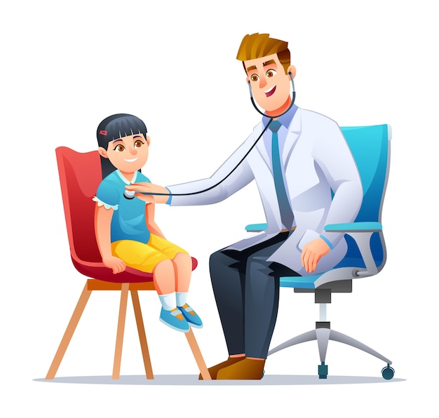 Doctor examining a little girl by stethoscope Healthcare medical examination concept Vector cartoon