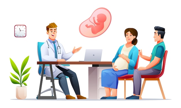 Doctor explains about pregnancy to pregnant woman and her husband Consultation pregnancy cartoon