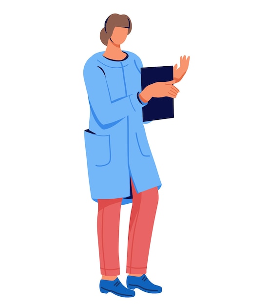 Доктор женский персонаж, стоящий с плоской векторной иллюстрацией папки с файлами