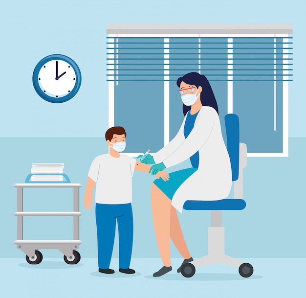 doctor female vaccinating to boy in consulting room