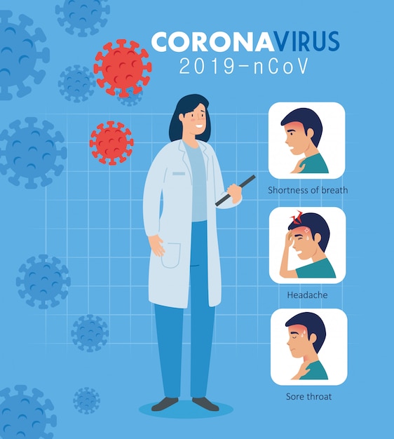 Доктор женский с кампанией симптомов коронавируса 2019 нков