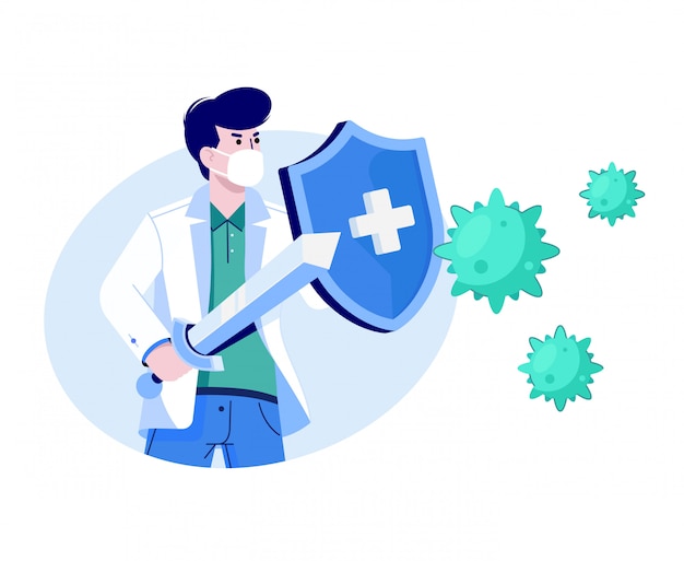 Doctor fighting with the virus.  vector illustration. covid - 19 atack.