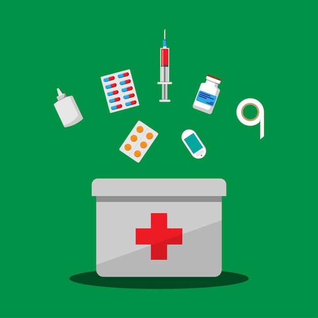 Doctor first aid storage box small shadow on the green background