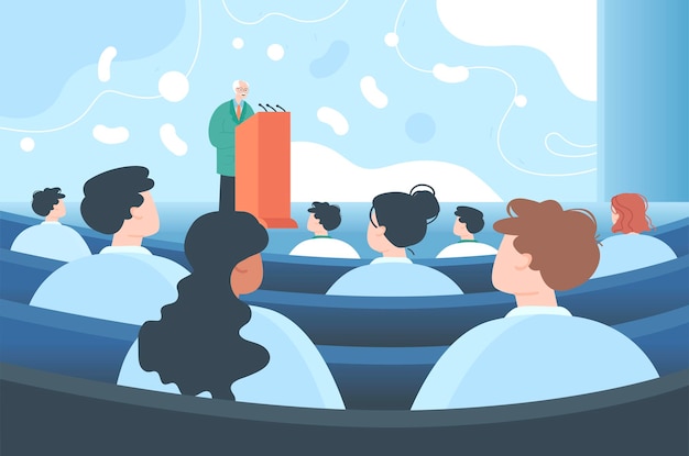Doctor giving speech or making announcement to audience. medical specialists on conference or seminar in auditorium flat vector illustration. healthcare, medicine concept for banner, landing web page