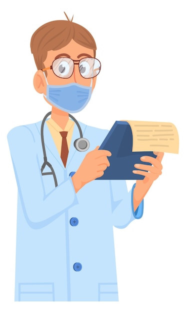 眼鏡をかぶった医師が医療文書を読み白い背景に隔離された病院労働者のキャラクター