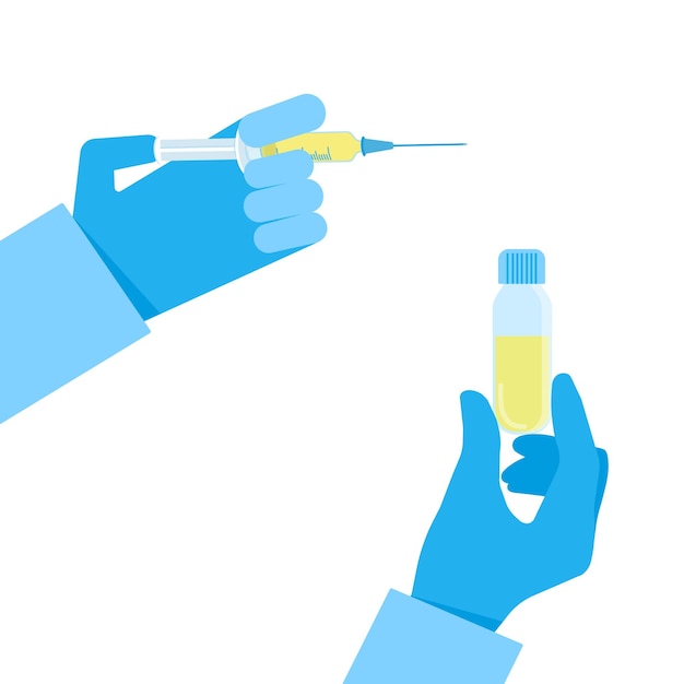 Vector doctor hand hold syringe with vaccine injection flat style vector illustration