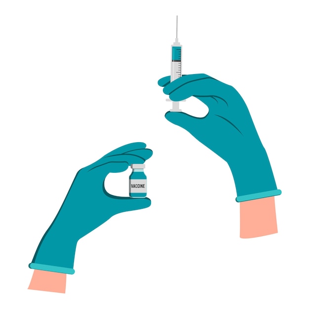 벡터 의사는 주사 바늘이 달린 주사기를 들고 장갑을 끼고, 주사기가 있는 약병과 백신이나 약이 들어 있는 앰플을 착용합니다. 평면 벡터 일러스트 레이 션.