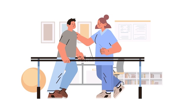 Doctor helps patient after injury or medical operation during physio therapy man having physical rehabilitation horizontal