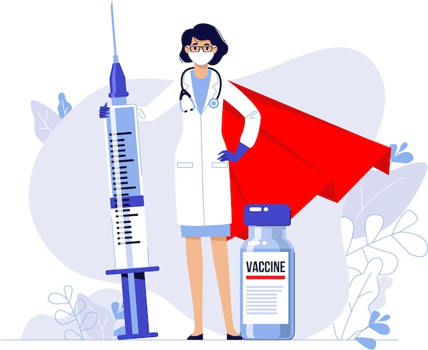 Vector doctor in hero cloak with big coronavirus vaccine and syringe