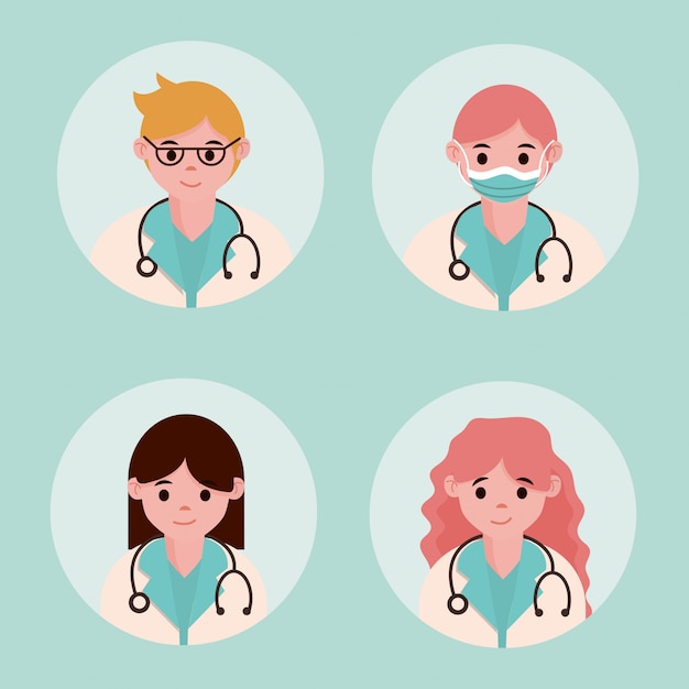 Doctor hero, physicians medical staff practitioner with stethoscope characters