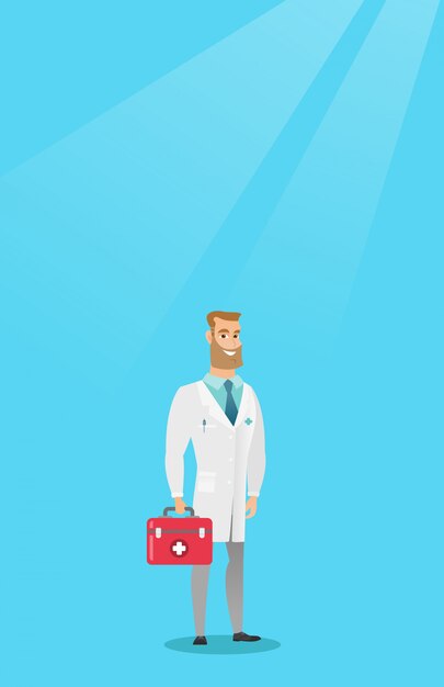 Doctor holding first aid box vector illustration.