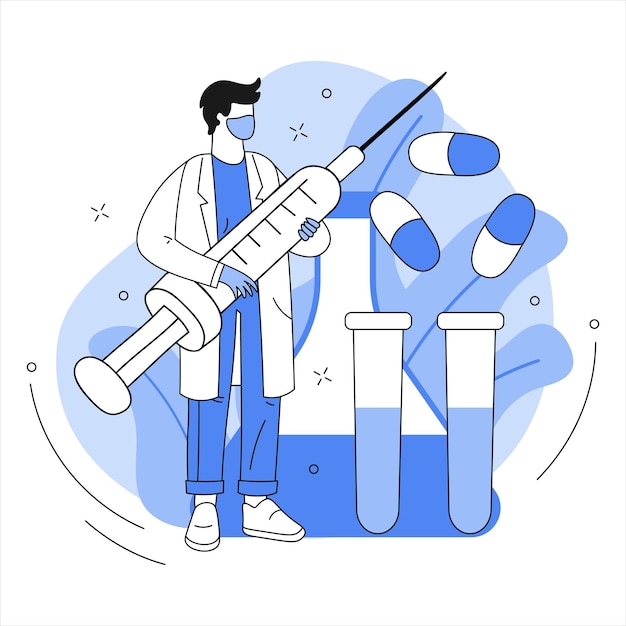 Doctor holding a large syringe on the background of medical objects vector illustration medicine