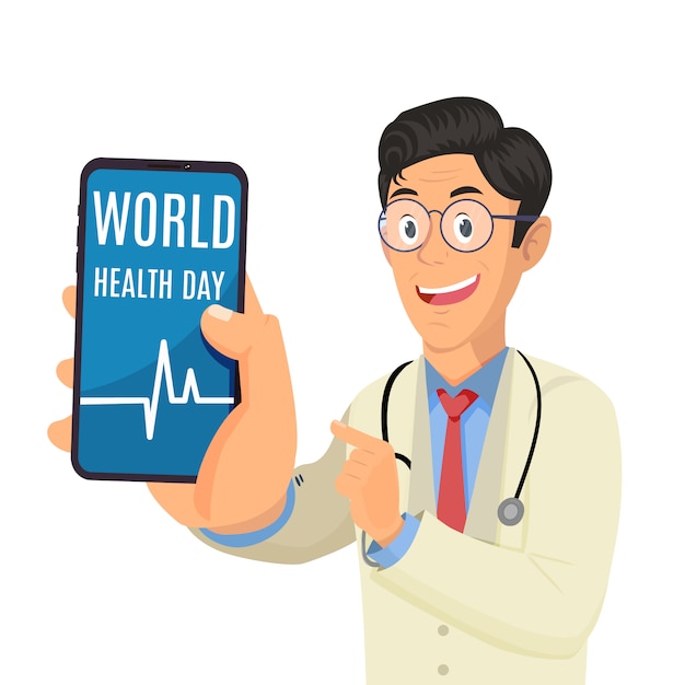 Doctor holding phone and showing words World health day