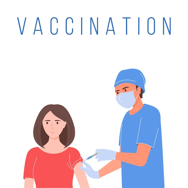 The doctor holds the syringe and puts the vaccine to a woman