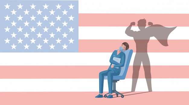 Doctor in uniform met superheld schaduw rust na werk cartoon illustratie op usa vlag achtergrond.