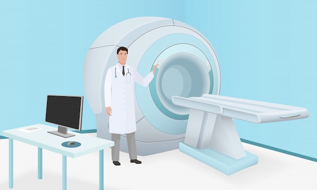 의사가 Mri 스캐너 기계에 초대