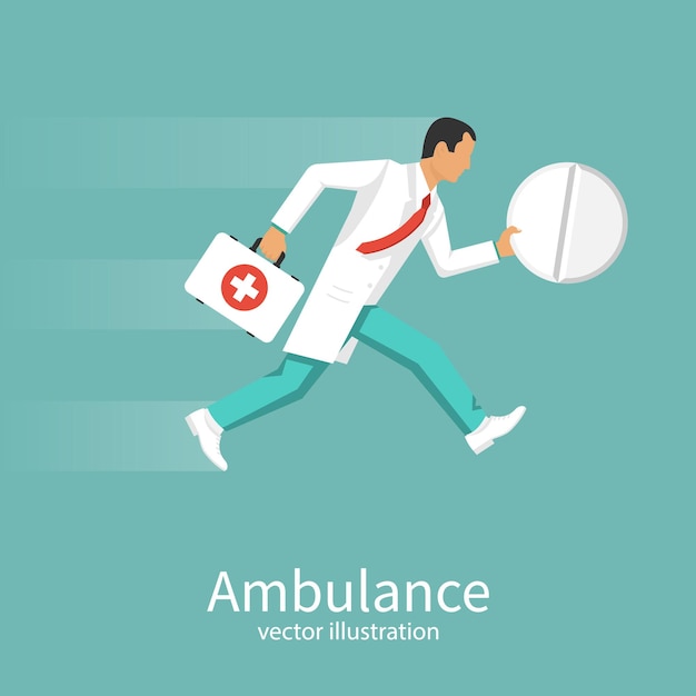 Doctor is holding pill in hand Hurries to rescue Ambulance concept Doctor running to help First aid kit is in hands of medical professional Vector illustration flat design Isolated on background