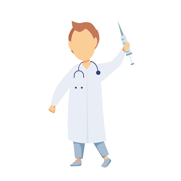 The doctor is holding a syringe in his hands.Vaccination. Vector cartoon illustration.