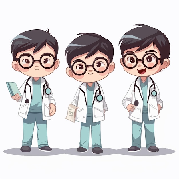 Doctor kid in medical clothes cartoon illustration young boy multipose