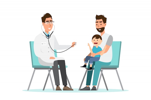 doctor listens to breathing statoscope for kid who sit on his father's lap