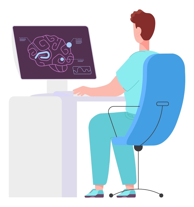 Vector doctor looking on brain scan on computer screen health diagnostics
