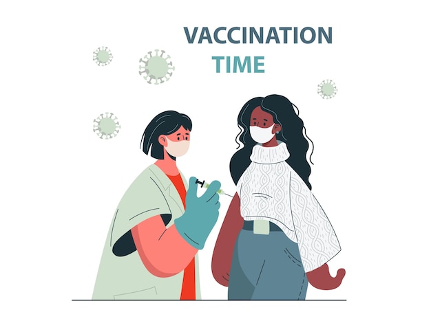 Doctor makes an injection of flu vaccine to woman. flat vector illustration