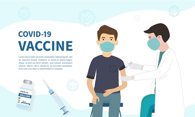 Doctor makes an injection of vaccine to man covid19 vaccine banner background template