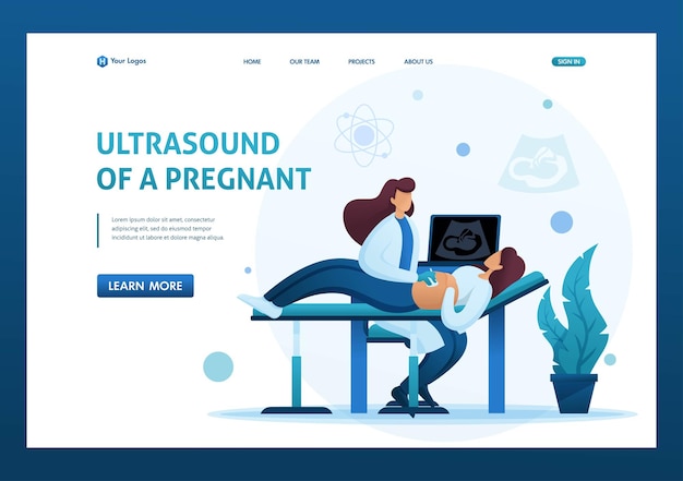 Doctor makes an ultrasound of a pregnant woman examining the fetus in utero flat 2d character landing page concepts and web design